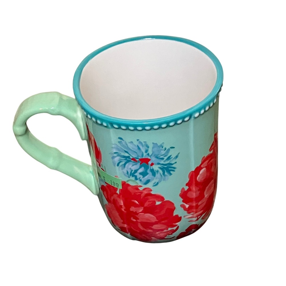 Pioneer Woman Breezy Blossom Mug Teal Red Floral Stoneware Excellent Condition
